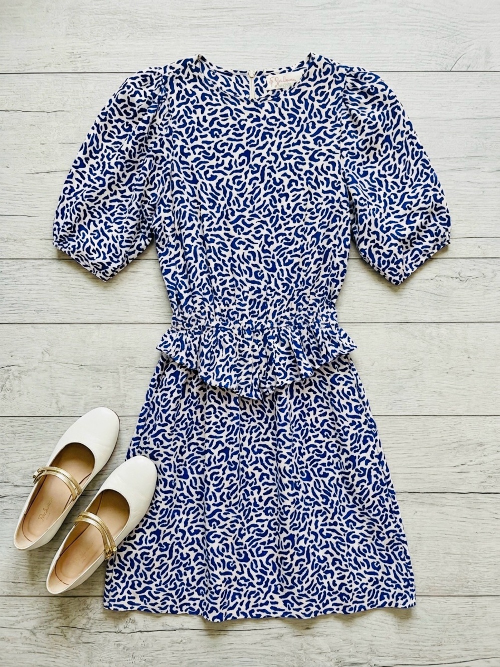 Vintage 80s Belle France Blue Leopard Peplum Midi Dress Sz 10 Jane Schaffhausen